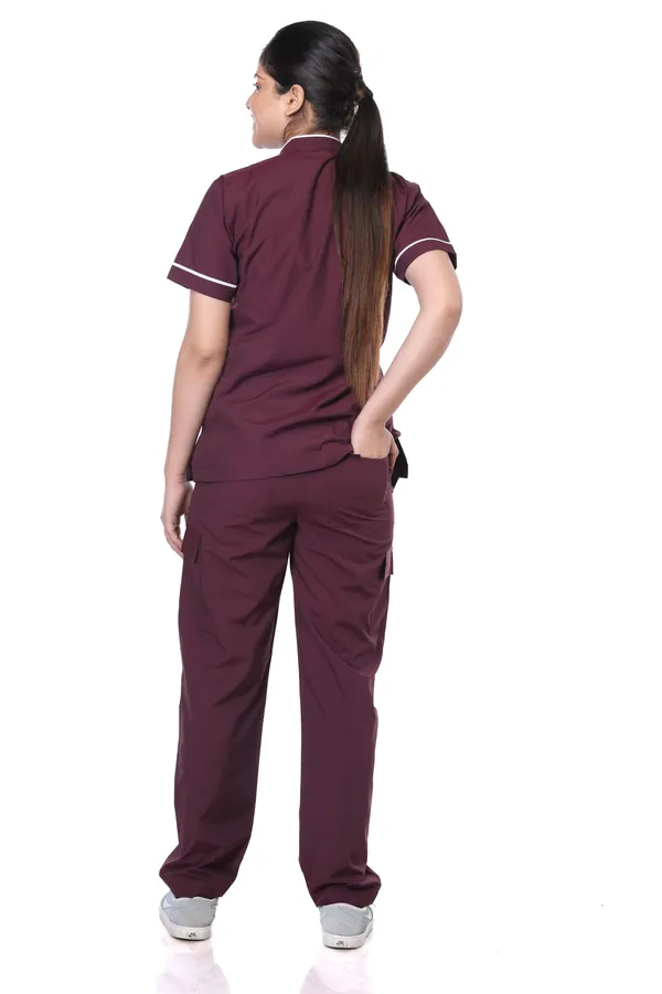 Wine_9_Pocket_Biofit_Collar_Scrub_With_Cap_&_Mask_For_Women