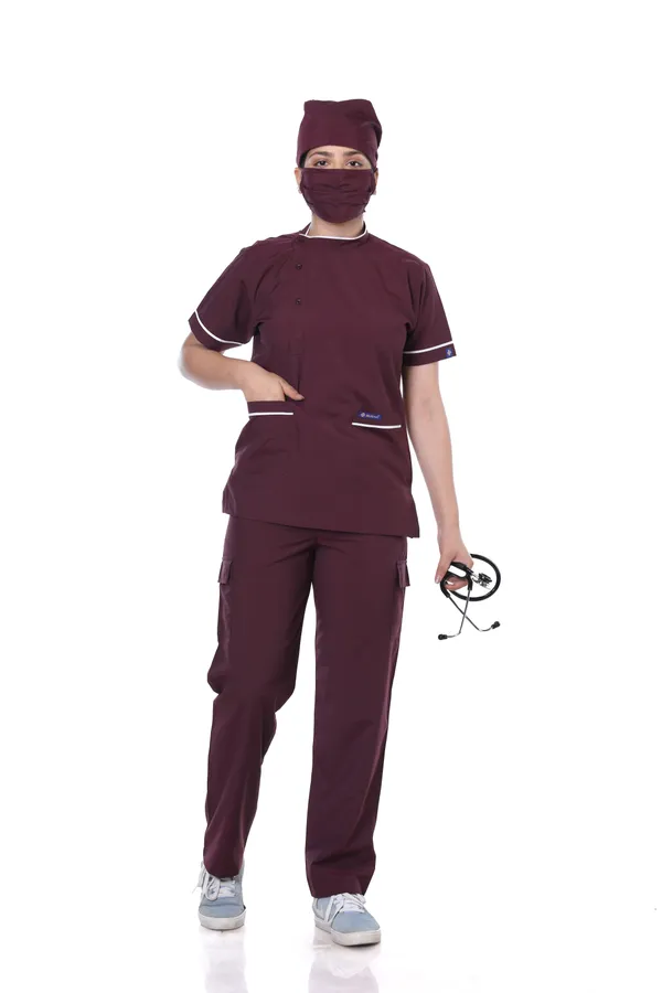 Wine_9_Pocket_Biofit_Collar_Scrub_With_Cap_&_Mask_For_Women
