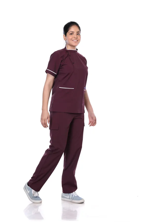 Wine_9_Pocket_Biofit_Collar_Scrub_With_Cap_&_Mask_For_Women