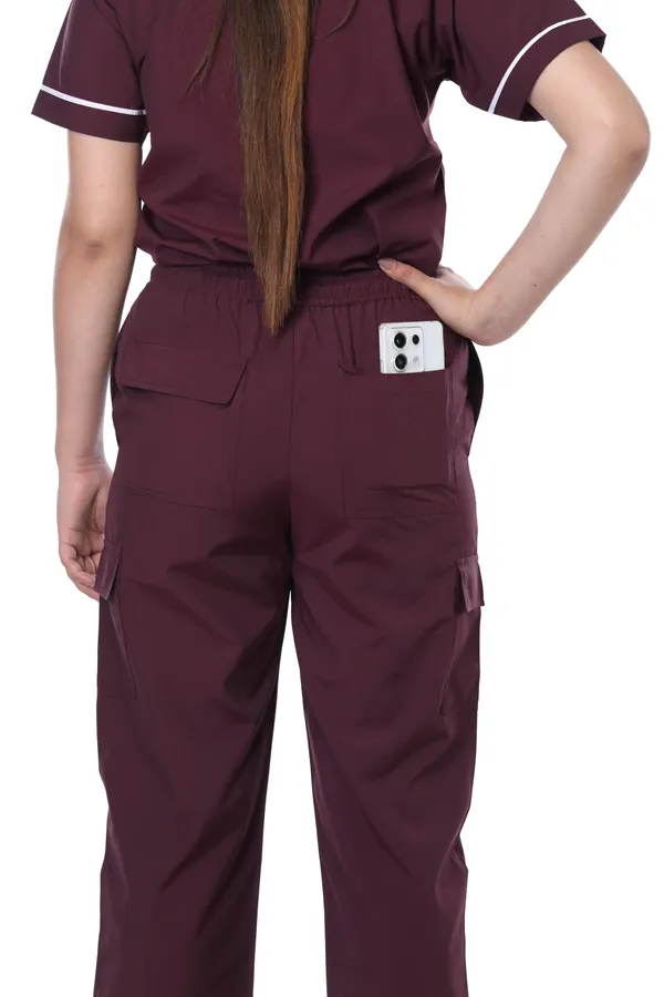 Wine_9_Pocket_Biofit_Collar_Scrub_With_Cap_&_Mask_For_Women