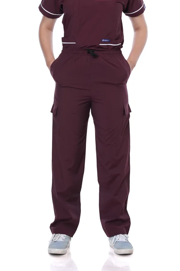 Wine_9_Pocket_Biofit_Collar_Scrub_With_Cap_&_Mask_For_Women