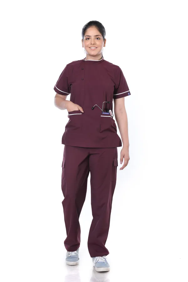 Wine_9_Pocket_Biofit_Collar_Scrub_With_Cap_&_Mask_For_Women