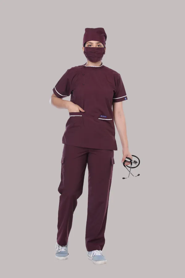 Wine_9_Pocket_Biofit_Collar_Scrub_With_Cap_&_Mask_For_Women