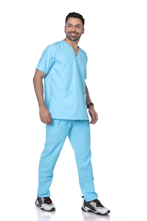 Pastel_Blue_9_Pocket_Scrub_V_Neck_With_Cap_&_Mask_For_Men
