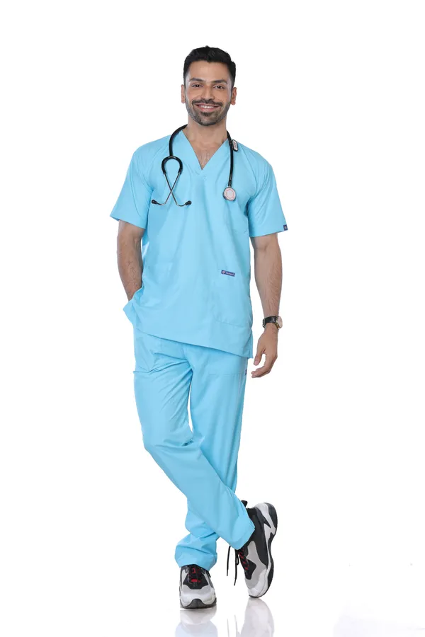 Pastel_Blue_9_Pocket_Scrub_V_Neck_With_Cap_&_Mask_For_Men