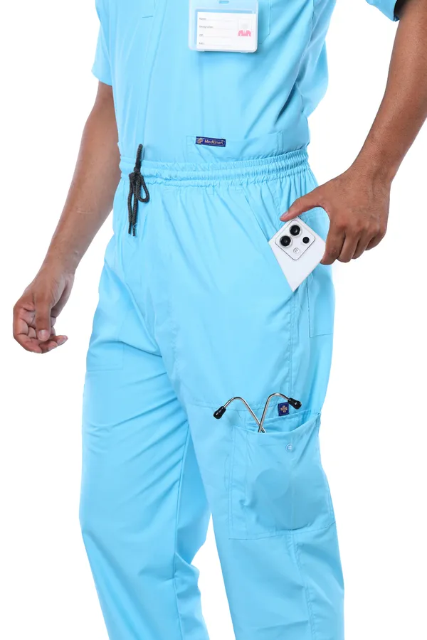 Pastel_Blue_9_Pocket_Scrub_V_Neck_With_Cap_&_Mask_For_Men