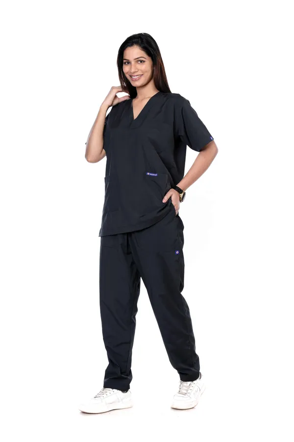 Black_9_Pocket_Scrub_V_Neck_With_Cap_&_Mask_For_Women