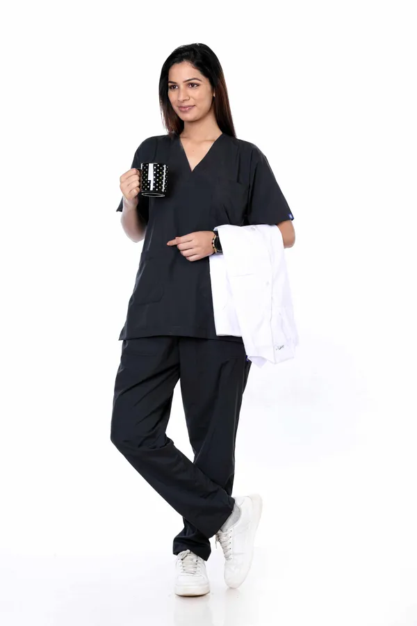 Black_9_Pocket_Scrub_V_Neck_With_Cap_&_Mask_For_Women