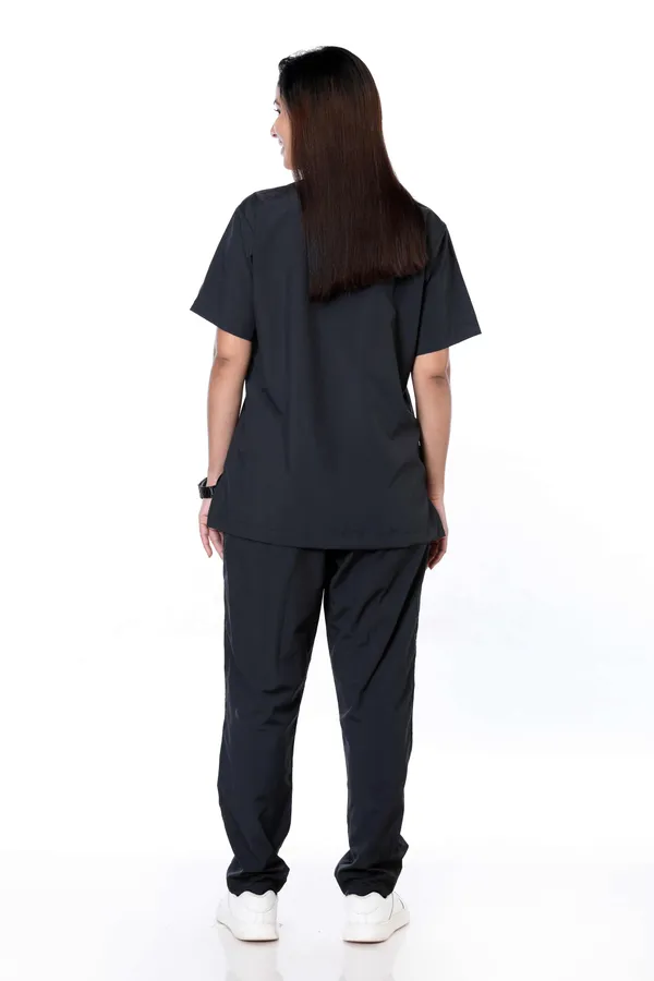Black_9_Pocket_Scrub_V_Neck_With_Cap_&_Mask_For_Women
