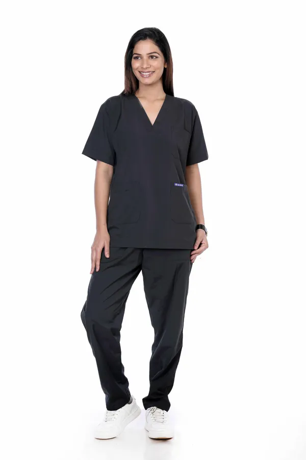 Black_9_Pocket_Scrub_V_Neck_With_Cap_&_Mask_For_Women