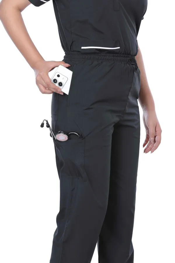 Black_9_Pocket_Scrub_V_Neck_With_Cap_&_Mask_For_Women