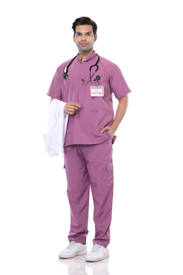 Misty_Pink_9_Pocket_Mandarin_Collar_Scrub_With_Cap_&_Mask_For_Men