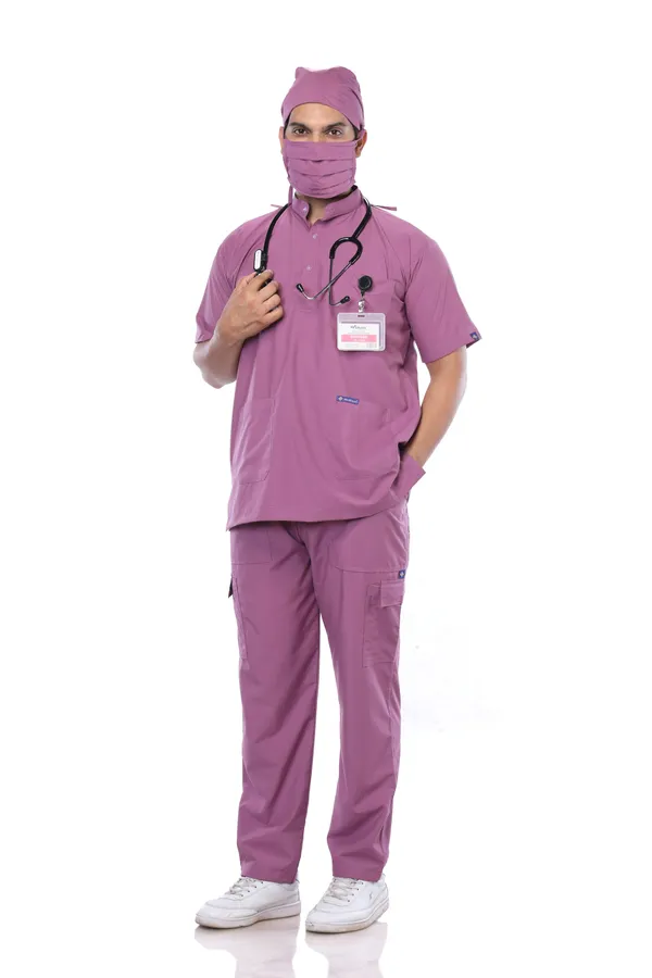 Misty_Pink_9_Pocket_Mandarin_Collar_Scrub_With_Cap_&_Mask_For_Men