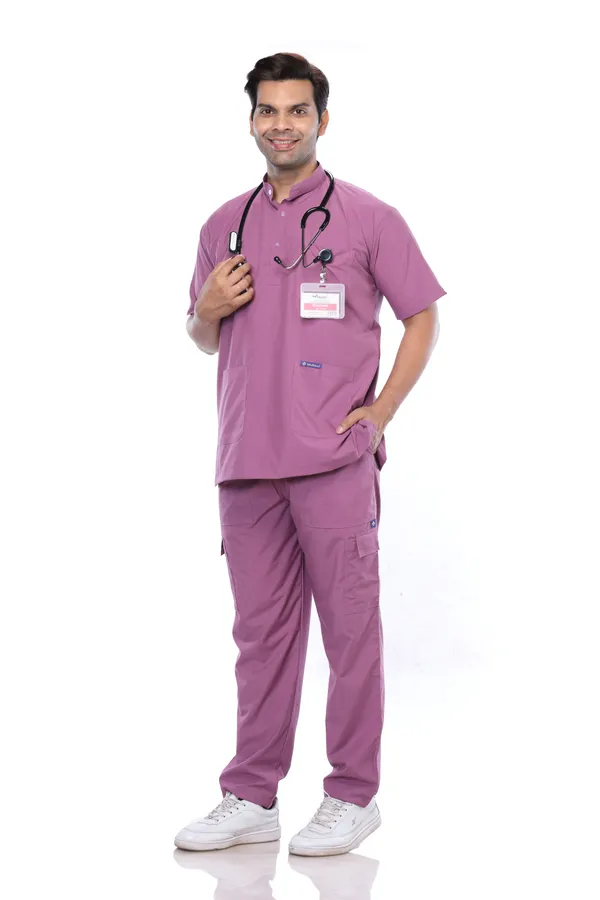 Misty_Pink_9_Pocket_Mandarin_Collar_Scrub_With_Cap_&_Mask_For_Men