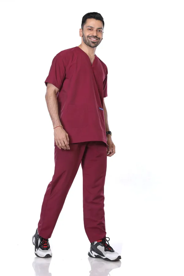 Maroon_9_Pocket_Scrub_V_Neck_With_Cap_&_Mask_For_Men