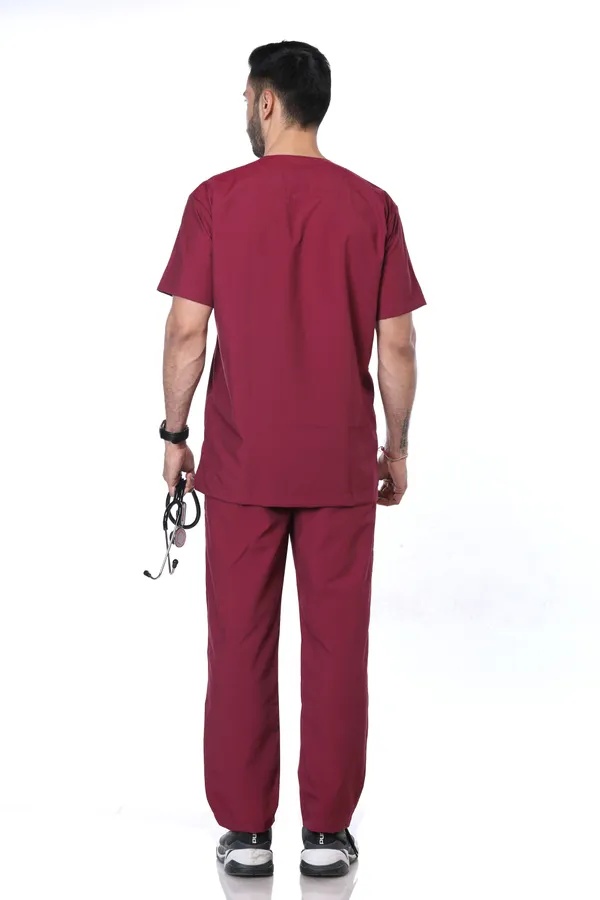Maroon_9_Pocket_Scrub_V_Neck_With_Cap_&_Mask_For_Men