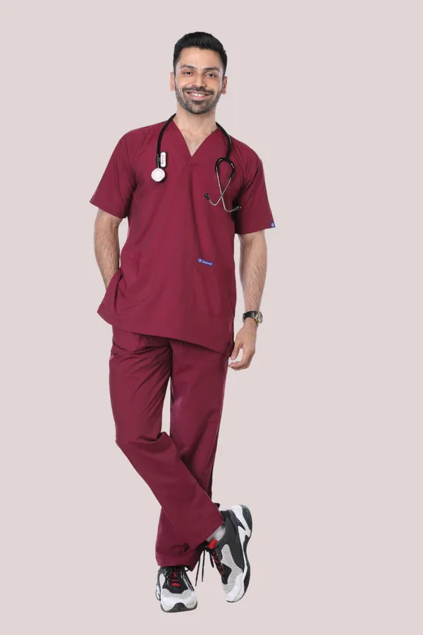 Maroon_9_Pocket_Scrub_V_Neck_With_Cap_&_Mask_For_Men