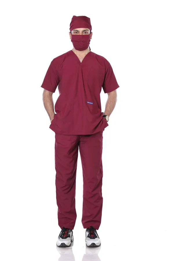 Maroon_9_Pocket_Scrub_V_Neck_With_Cap_&_Mask_For_Men