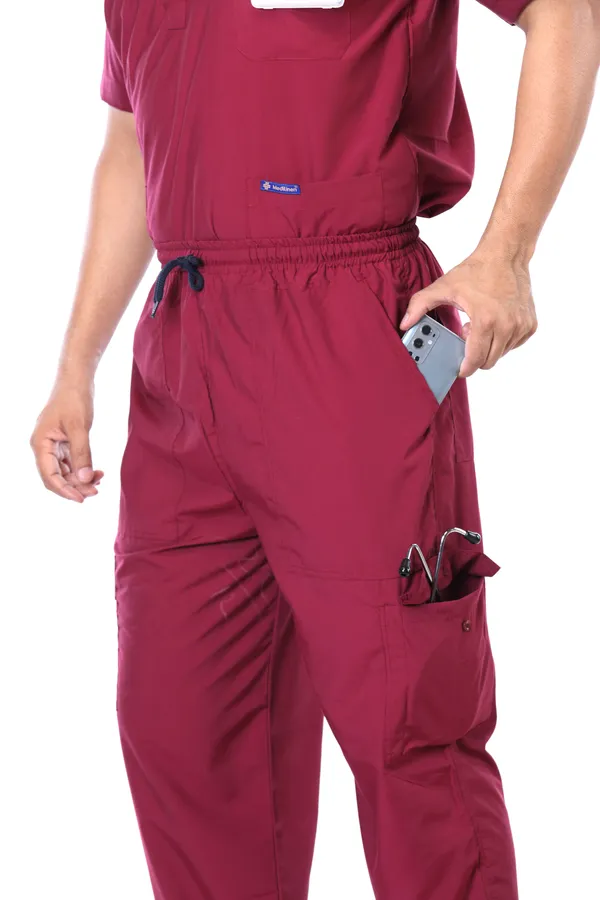 Maroon_9_Pocket_Scrub_V_Neck_With_Cap_&_Mask_For_Men