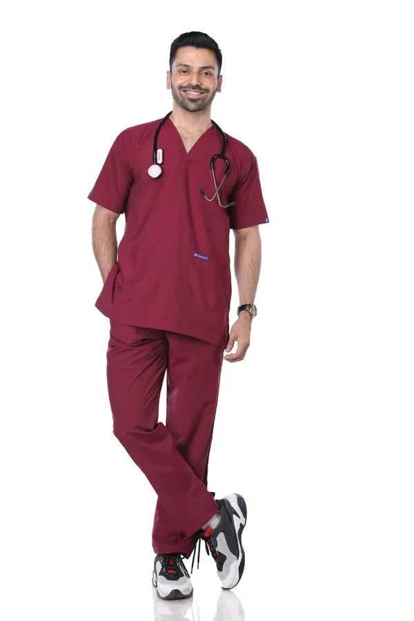 Maroon_9_Pocket_Scrub_V_Neck_With_Cap_&_Mask_For_Men