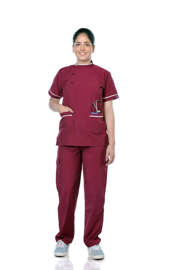 Maroon_9_Pocket_Biofit_Collar_Scrub_With_Cap_&_Mask_For_Women
