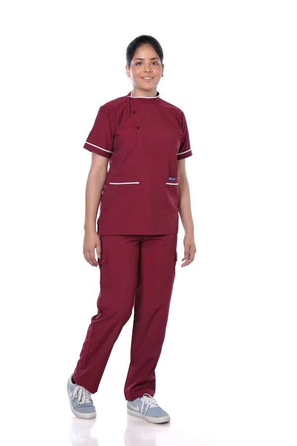 Maroon_9_Pocket_Biofit_Collar_Scrub_With_Cap_&_Mask_For_Women