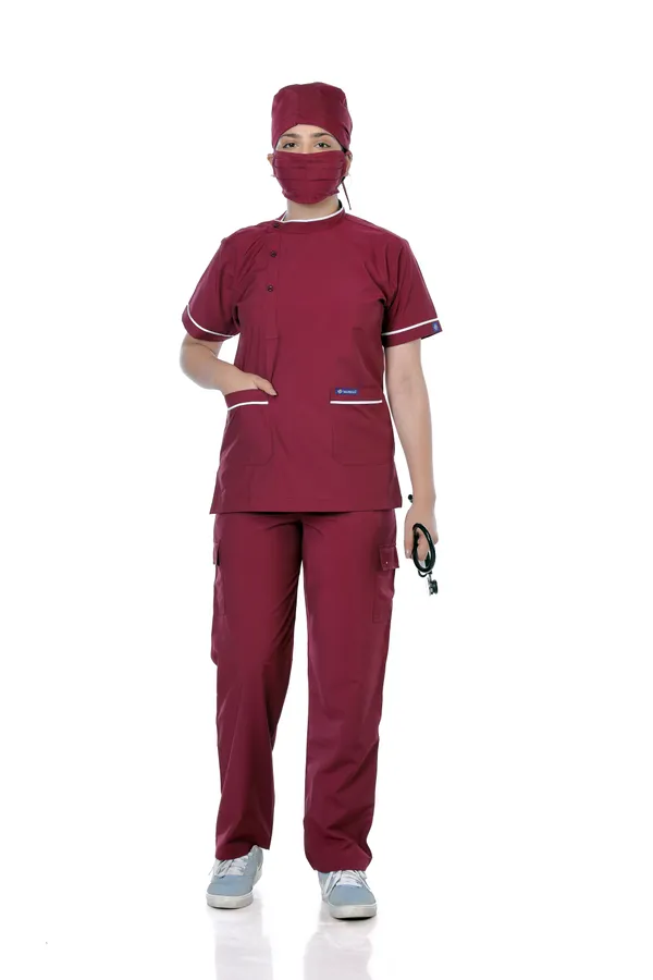 Maroon_9_Pocket_Biofit_Collar_Scrub_With_Cap_&_Mask_For_Women