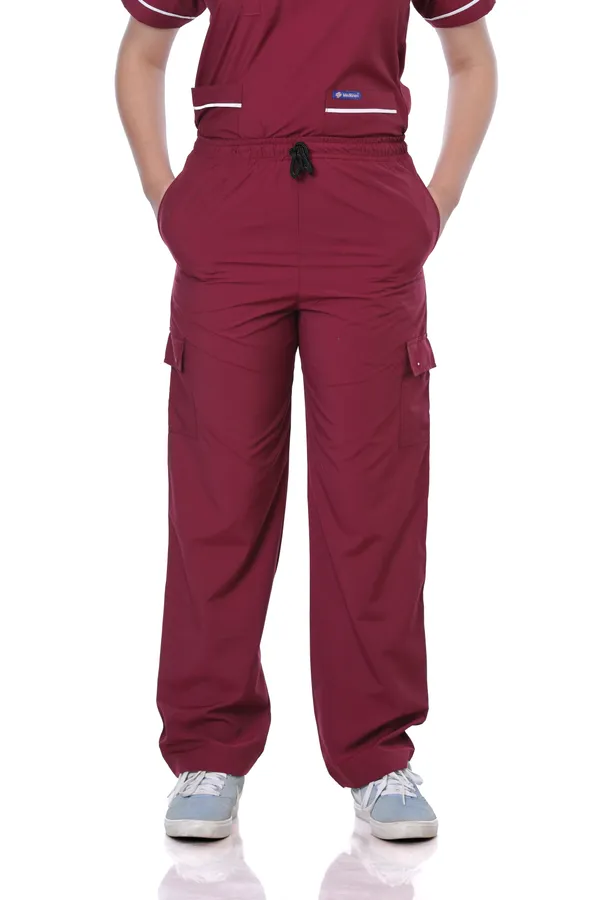 Maroon_9_Pocket_Biofit_Collar_Scrub_With_Cap_&_Mask_For_Women