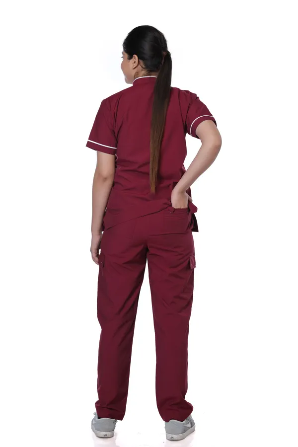 Maroon_9_Pocket_Biofit_Collar_Scrub_With_Cap_&_Mask_For_Women