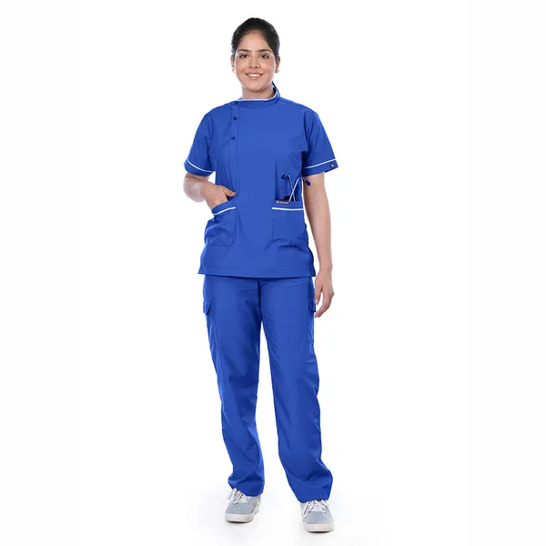 Royal_Blue_5_Pocket_Biofit_Collar_Scrub_With_Cap_&_Mask_For_Women