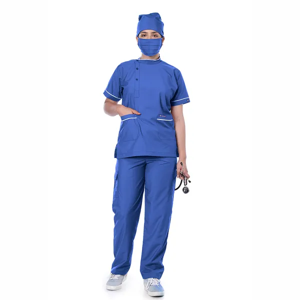 Royal_Blue_5_Pocket_Biofit_Collar_Scrub_With_Cap_&_Mask_For_Women
