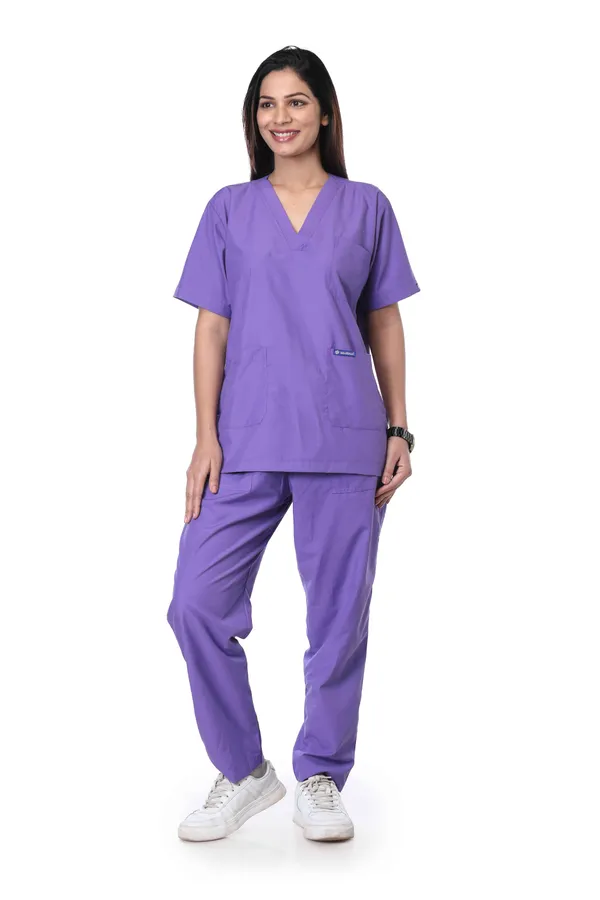 Lavender_9_Pocket_Scrub_V_Neck_With_Cap_&_Mask_For_Women
