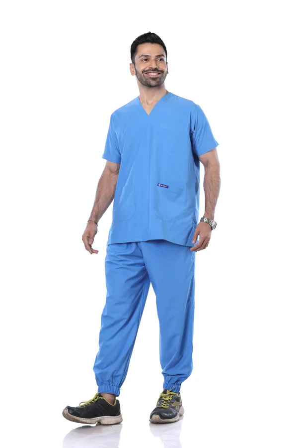 Sky_Blue_7_Pocket_V_Neck_Scrub_With_Cap_&_Mask_For_Men