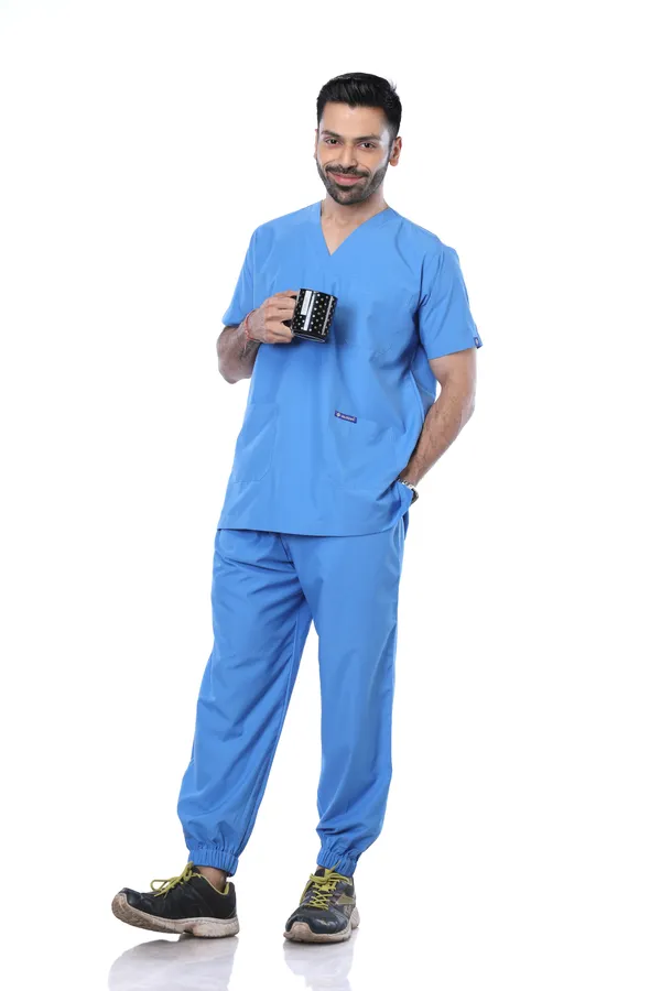 Sky_Blue_7_Pocket_V_Neck_Scrub_With_Cap_&_Mask_For_Men