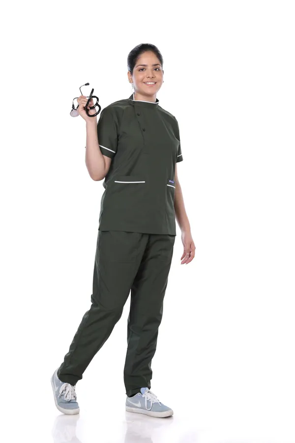 Forest_Green_7_Pocket_Biofit_Collar_Scrub_With_Cap_&_Mask_For_Women