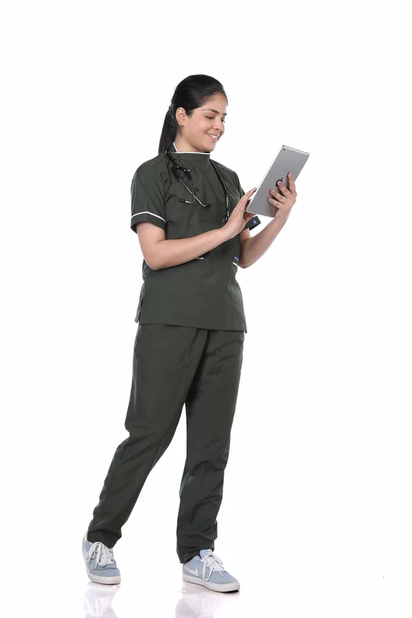 Forest_Green_7_Pocket_Biofit_Collar_Scrub_With_Cap_&_Mask_For_Women