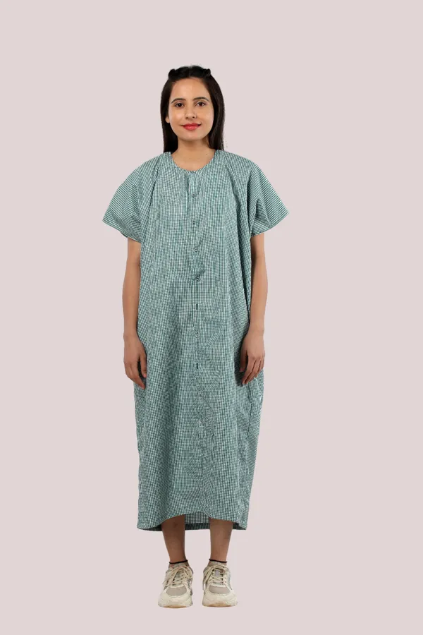 Green_Checks_Unisex_Patient_Dress_Side_Open