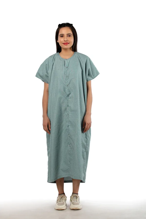 Green_Checks_Unisex_Patient_Dress_Side_Open