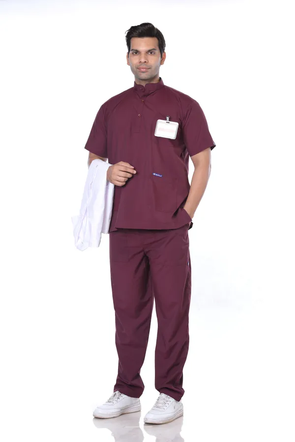 Wine_5_Pocket_Mandarin_Collar_Scrub_With_Cap_&_Mask_For_Men