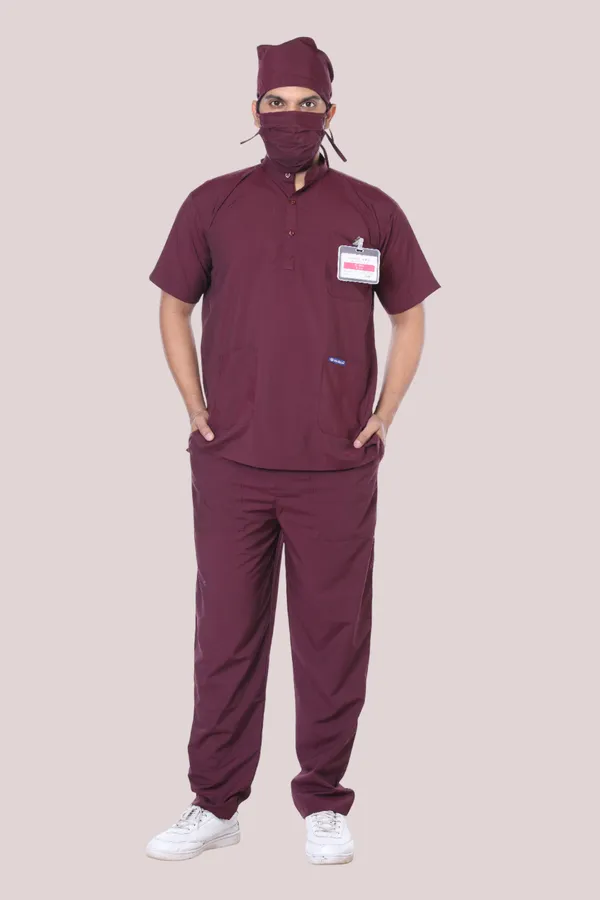 Wine_5_Pocket_Mandarin_Collar_Scrub_With_Cap_&_Mask_For_Men
