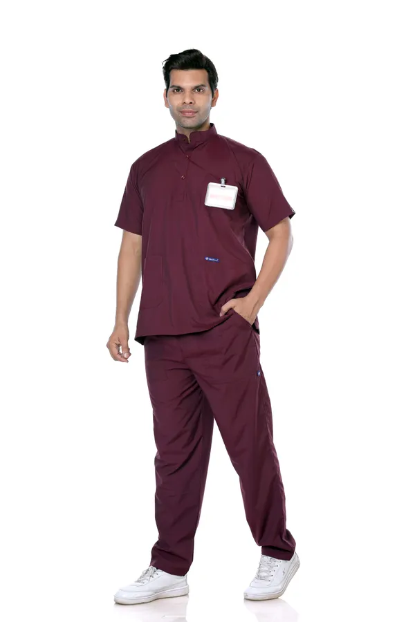 Wine_5_Pocket_Mandarin_Collar_Scrub_With_Cap_&_Mask_For_Men