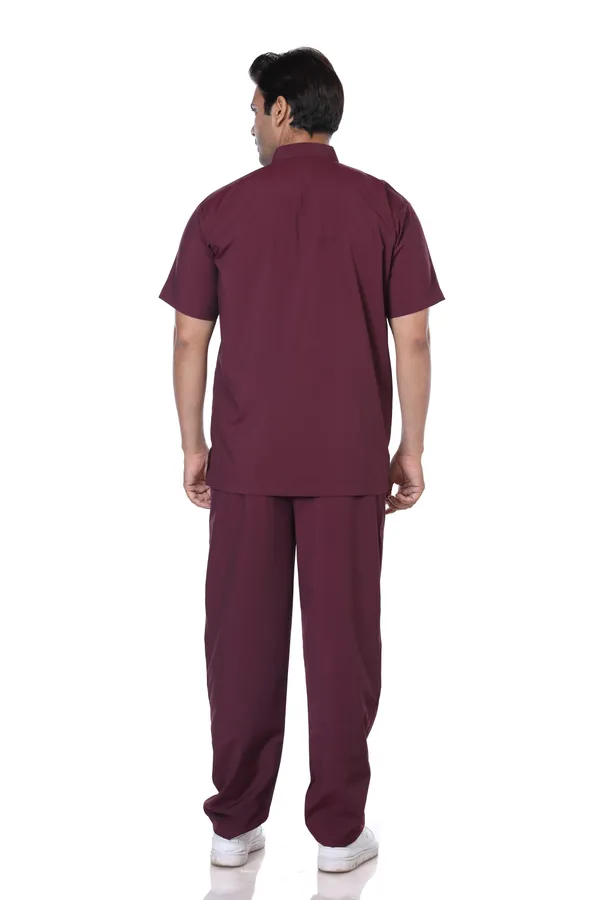 Wine_5_Pocket_Mandarin_Collar_Scrub_With_Cap_&_Mask_For_Men