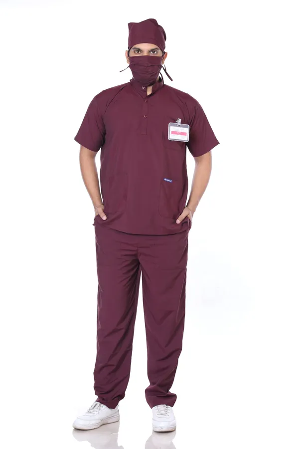 Wine_5_Pocket_Mandarin_Collar_Scrub_With_Cap_&_Mask_For_Men