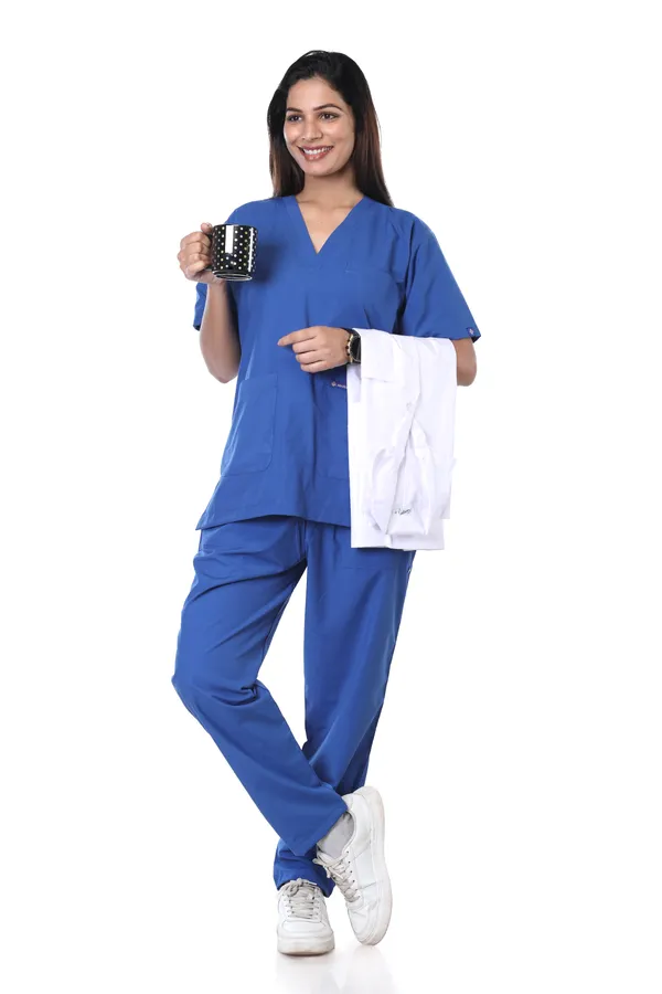 Royal_Blue_5_Pocket_V_Neck_Scrub_With_Cap_&_Mask_For_Women