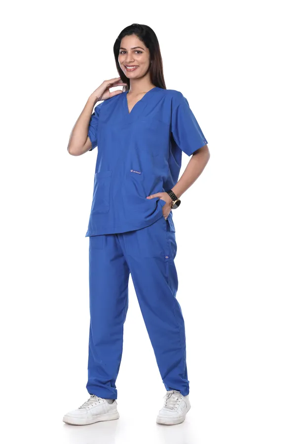 Royal_Blue_5_Pocket_V_Neck_Scrub_With_Cap_&_Mask_For_Women