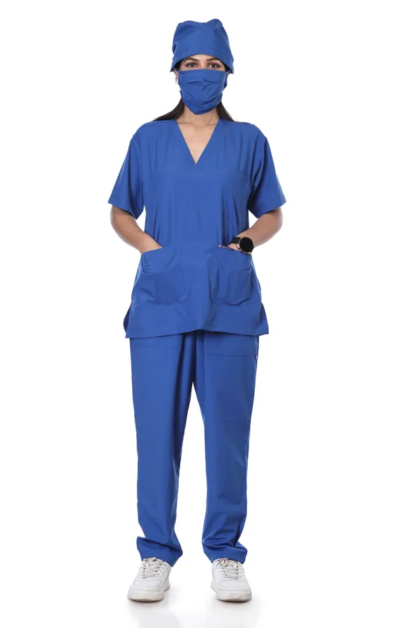 Royal_Blue_5_Pocket_V_Neck_Scrub_With_Cap_&_Mask_For_Women