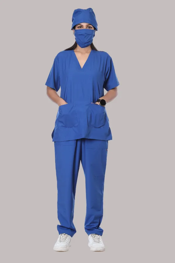 Royal_Blue_5_Pocket_V_Neck_Scrub_With_Cap_&_Mask_For_Women