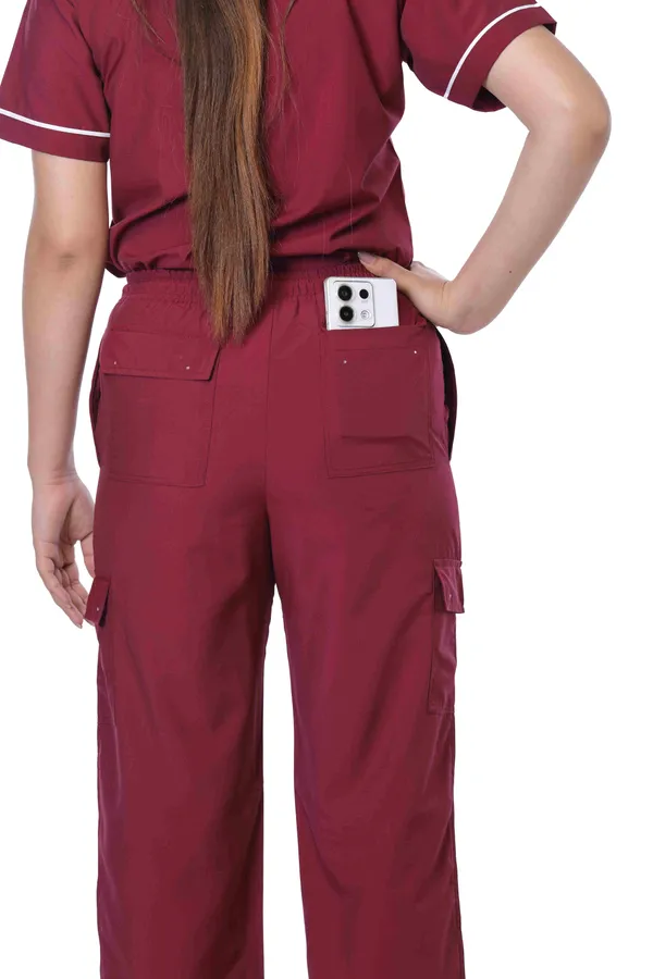 Maroon_9_Pocket_Mandarin_Collar_Scrub_With_Cap_&_Mask_For_Women