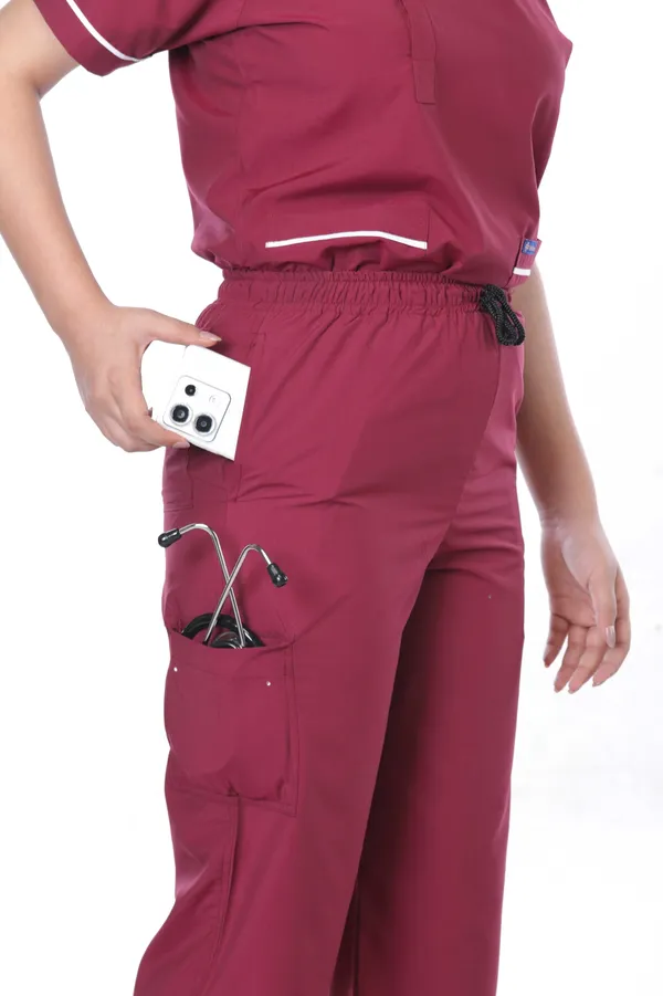 Maroon_9_Pocket_Mandarin_Collar_Scrub_With_Cap_&_Mask_For_Women