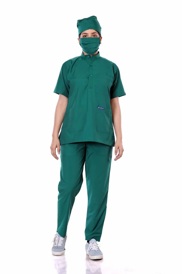 Green_7_Pocket_Mandarin_Collar_Scrub_With_Cap_&_Mask_For_Women